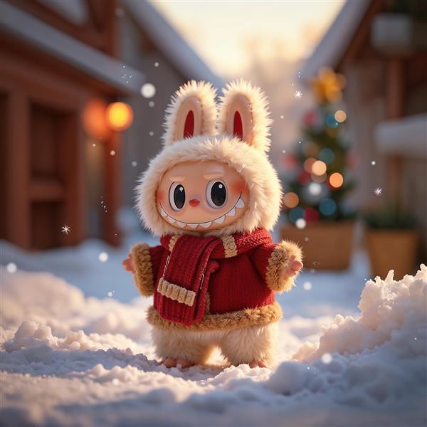 تصویر لبوبو با لباس قرمز در برف برای پوستر دکوراتیو کریسمس و زمستان