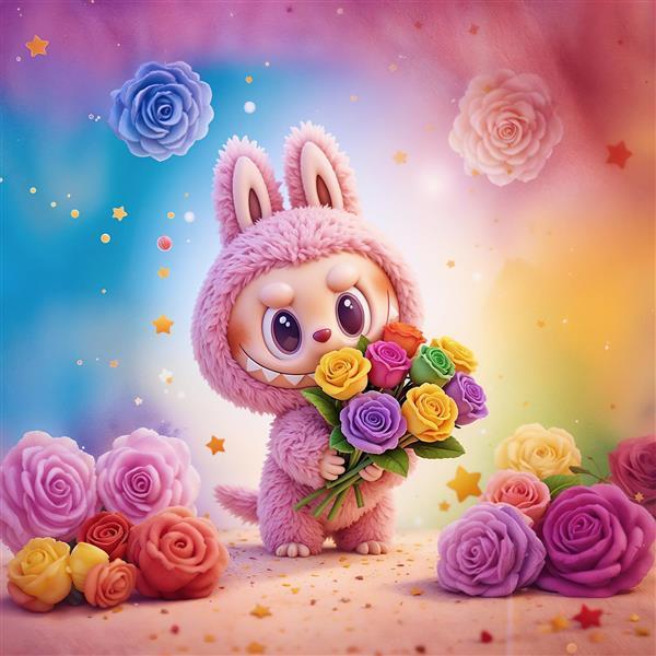عکس فانتزی لبوبو با دسته گل رز رنگارنگ برای چاپ روی کوسن رمانتیک