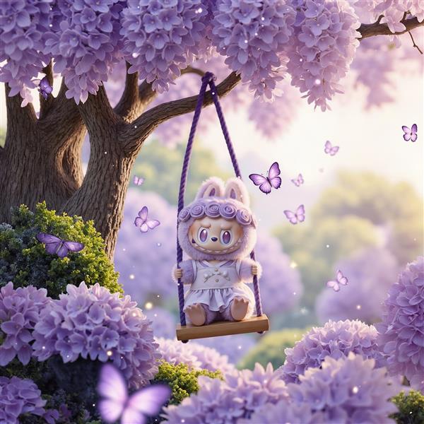 طرح فانتزی لبوبو روی تاب در زیر درختان بنفش برای روتختی و پرده