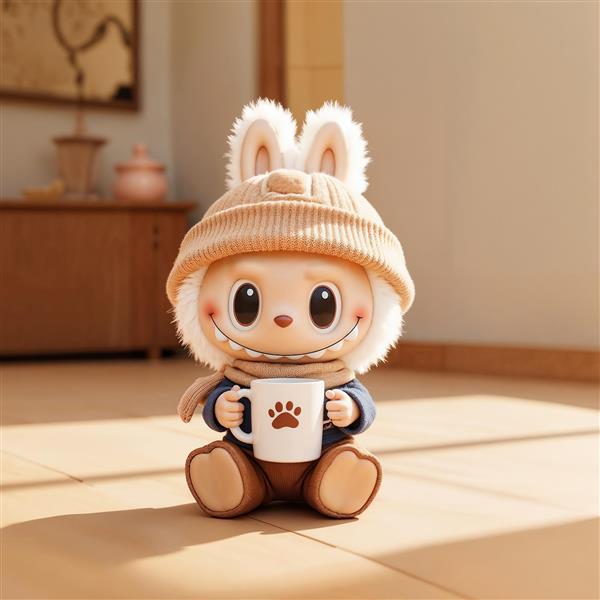 تصویر لبوبو نشسته با کلاه و ماگ در فضای داخلی برای چاپ روی کوسن و ماگ