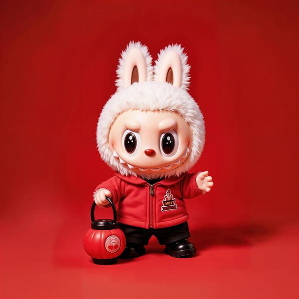 طرح شخصیت لبوبو با لباس قرمز و فانوس برای پوستر دکوراتیو زمستانی