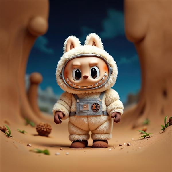 عکس شخصیت لبوبو با لباس فضانوردی در صحرای شنی برای تابلو دکوراتیو