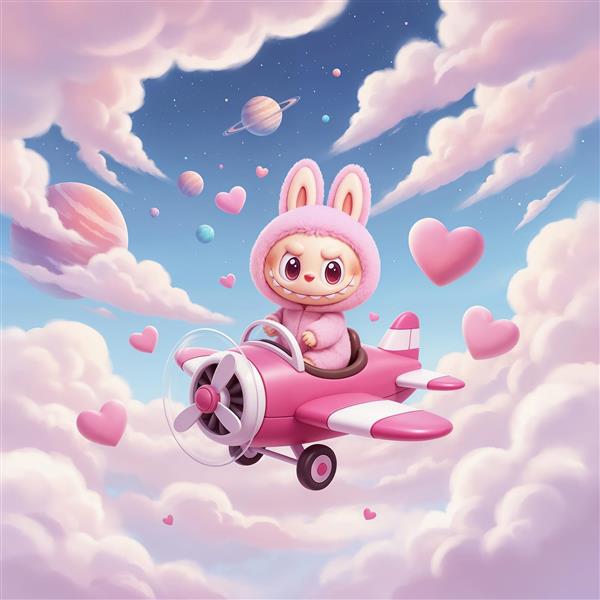 لبوبو در حال پرواز با هواپیمای صورتی در آسمان پر از قلب