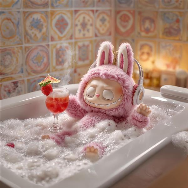 عکس فانتزی لبوبو در حال استراحت در وان حمام با نوشیدنی و هدفون