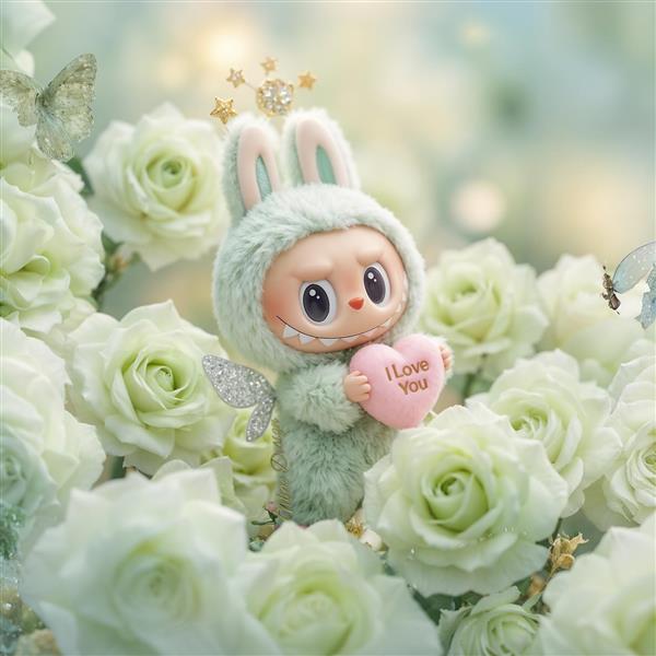 تصویر فانتزی لبوبو فرشته با قلب و گل رز سفید برای پوستر رمانتیک