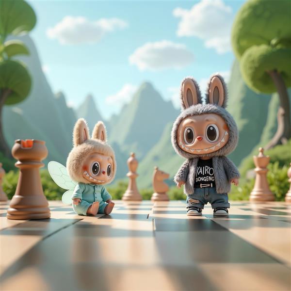 طرح فانتزی دو شخصیت لبوبو روی صفحه شطرنج در طبیعت برای اتاق کودک