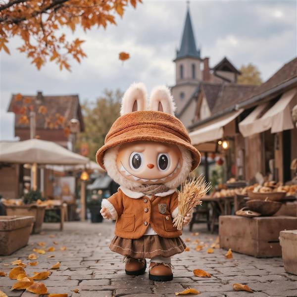 تصویر لبوبو با استایل پاییزی و گندم در بافت قدیمی برای تابلو دکوراتیو