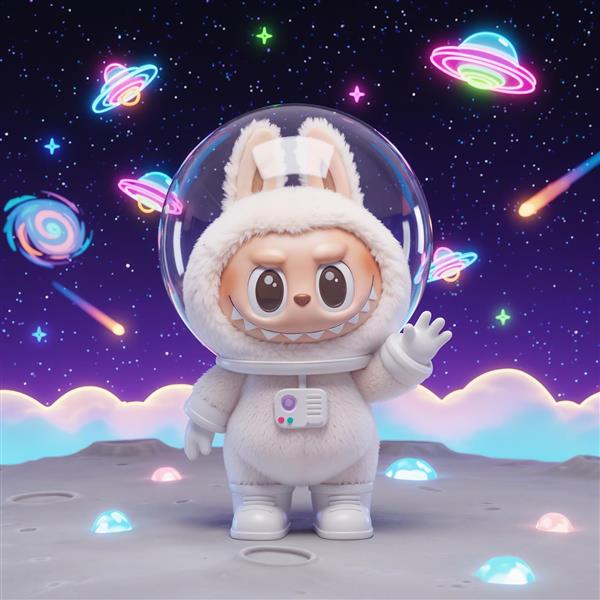 تصویر فانتزی لبوبو در لباس فضانوردی با تم نئونی برای پرده و روتختی کودک