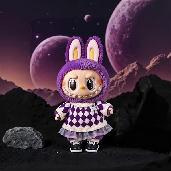 تصویر لبوبو فضانورد با تم بنفش و سیاره‌ها برای تابلو و پوستر دکوراتیو