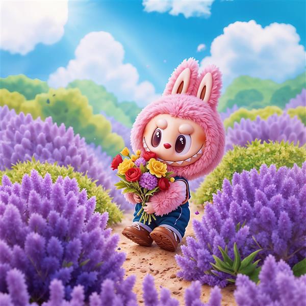 طرح فانتزی لبوبو در مزرعه گل‌های بنفش برای پوستر دیواری و پرده اتاق