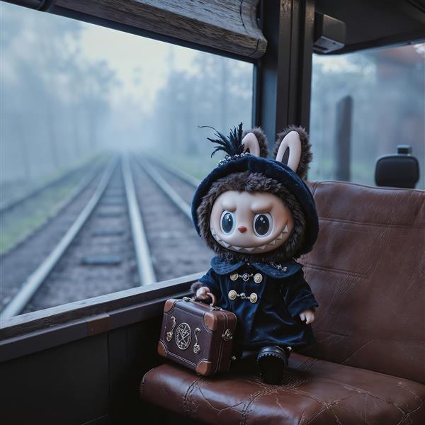 طرح ماکت لبوبو در سفر با چمدان کوچک برای پرده و پوستر دکوراتیو تاریک