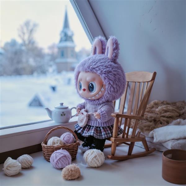 طرح لبوبو با لباس بنفش و بافتنی کنار پنجره برفی برای پوستر