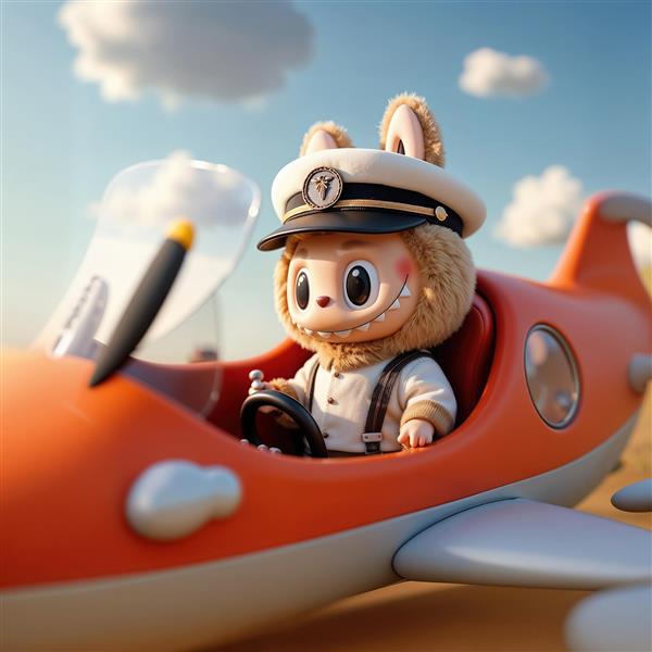 عکس لبوبو خلبان با کلاه کاپیتانی در هواپیمای نارنجی برای پوستر و تابلو