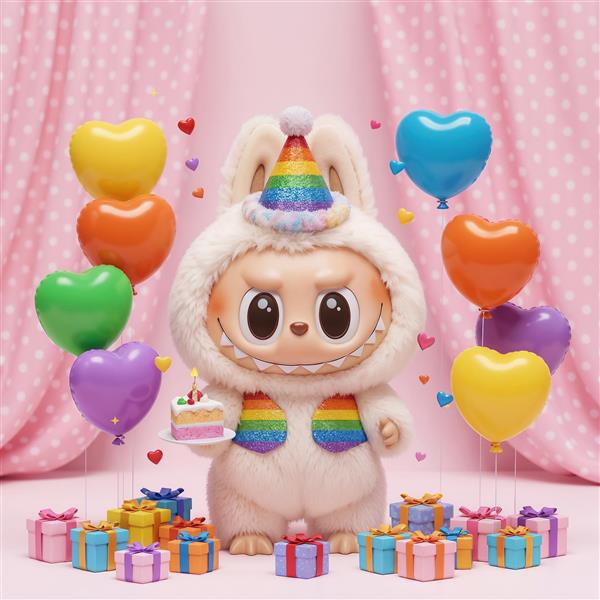 تصویر لبوبو در جشن تولد با کلاه رنگی و بادکنک‌های قلبی برای اتاق کودک