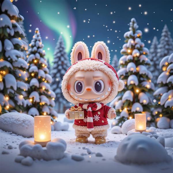 طرح زمستانی لبوبو با لباس کریسمس در جنگل برفی برای چاپ روی پرده و ماگ