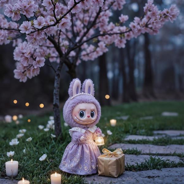 عکس فانتزی لبوبو با لباس بنفش و فانوس در باغ سحرآمیز برای چاپ روی روتختی