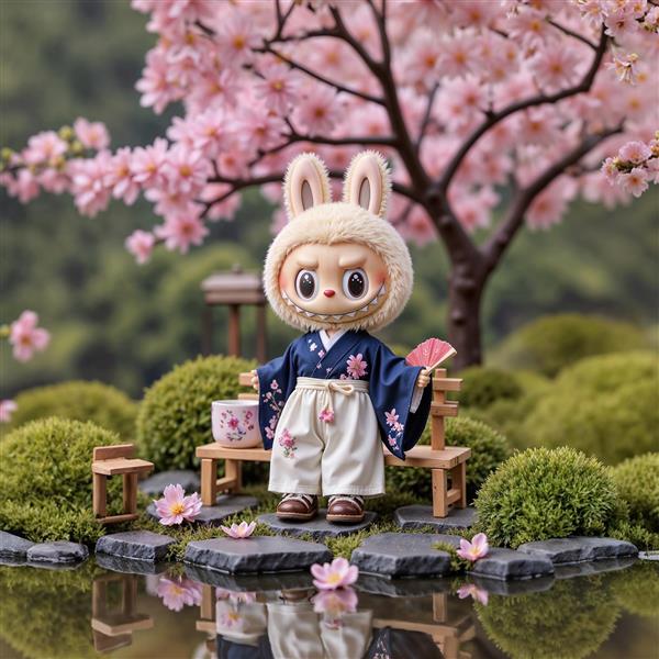 تصویر لبوبو با لباس سنتی ژاپنی زیر شکوفه‌های گیلاس برای تابلو دکوراتیو باغ