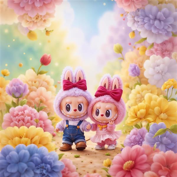 طرح لبوبو عاشقانه در باغ گل‌های رنگارنگ آبرنگی برای چاپ روی پرده و تابلو