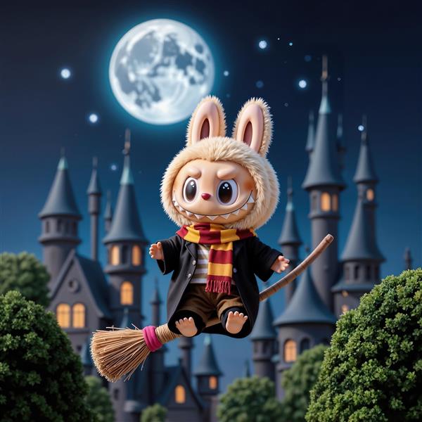 عکس لبوبو شخصیت جادوگر سوار بر جارو برای پوستر اتاق کودک و نوجوان باکیفیت