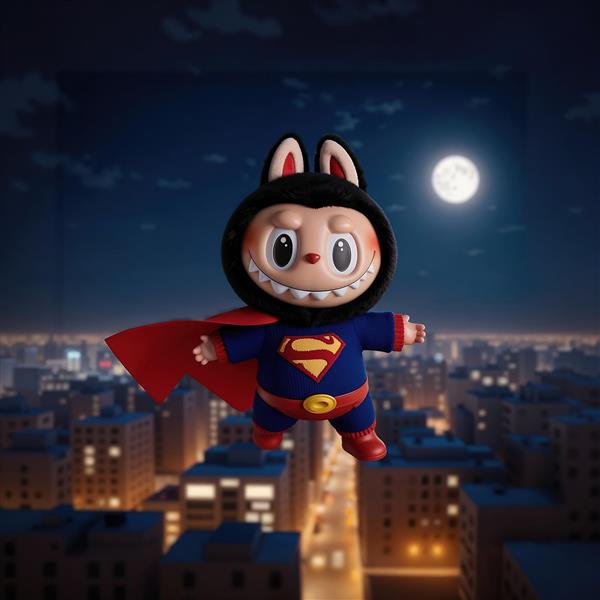 تصویر شخصیت فانتزی لبوبو ابرقهرمان در حال پرواز بالای شهر در شب