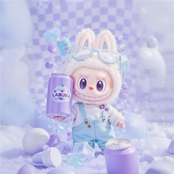 طرح فانتزی لبوبو با نوشیدنی بنفش و تم پاستلی برای چاپ روی روتختی و کوسن