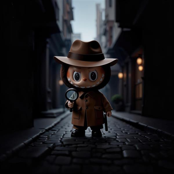 عکس لبوبو کارآگاه با کلاه و ذره‌بین در کوچه تاریک برای تابلو دکوراتیو شیک