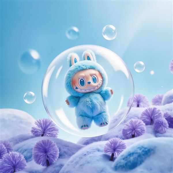طرح لبوبو آبی فانتزی درون حباب در منظره سورئال برای پوستر