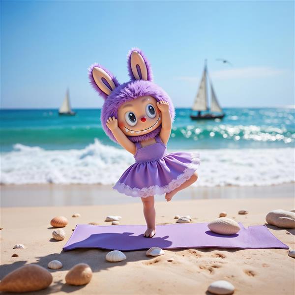 عکس لبوبو بنفش در حال یوگا در ساحل برای چاپ روی حوله و مت یوگا