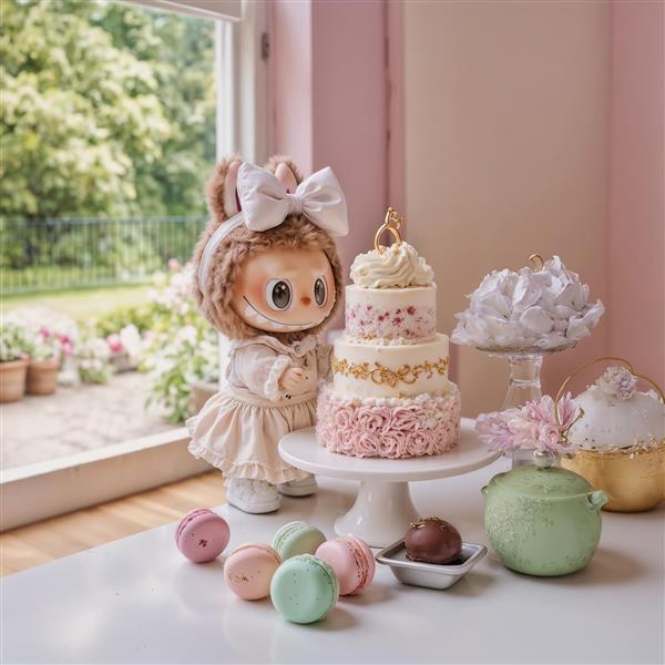 تصویر لبوبو دخترانه با کیک تولد کنار پنجره برای تابلو دکوراتیو