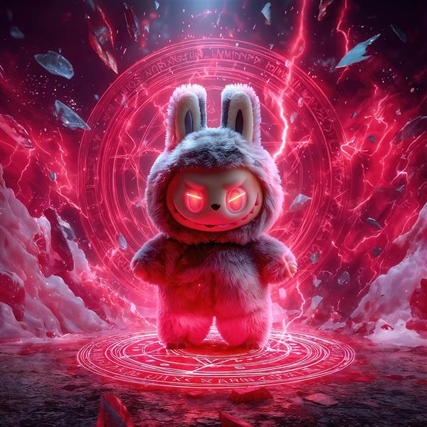 طرح لبوبو تاریک فانتزی با چشم‌های قرمز در شب رعد و برق