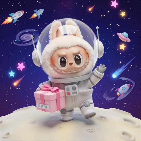 تصویر عروسک لبوبو فضانورد با لباس سفید در کهکشان برای روتختی کودک