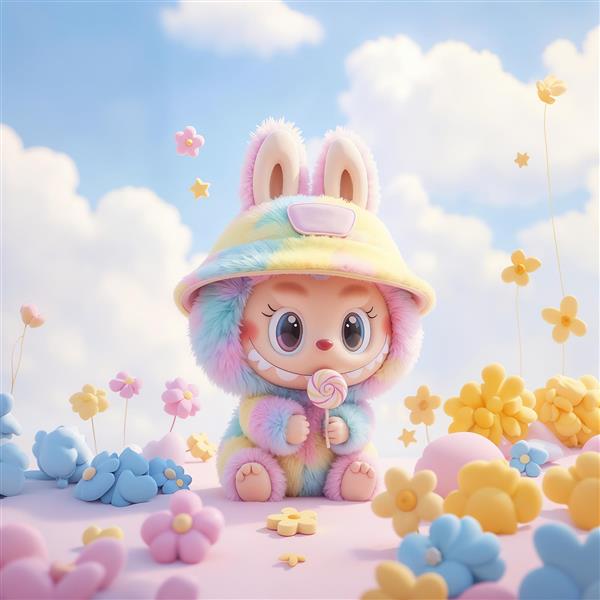 تصویر عروسک لبوبو رنگین‌کمان فانتزی با آبنبات برای روتختی و دکور کودک