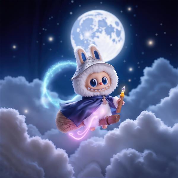 طرح عروسک لبوبو جادوگر فانتزی در آسمان مهتابی برای پوستر دیواری