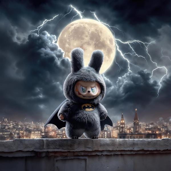 عکس عروسک لبوبو شوالیه تاریکی فانتزی در شب رعد و برق برای پوستر نوجوان