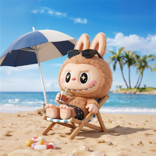 تصویر عروسک لبوبو آفتاب‌گرفته در ساحل برای چاپ روی ماگ و لوازم تابستانی