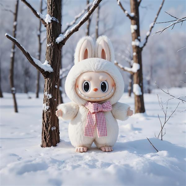 تصویر عروسک لبوبو فانتزی سفید در برف زمستانی برای چاپ روی ماگ و کوسن گرم