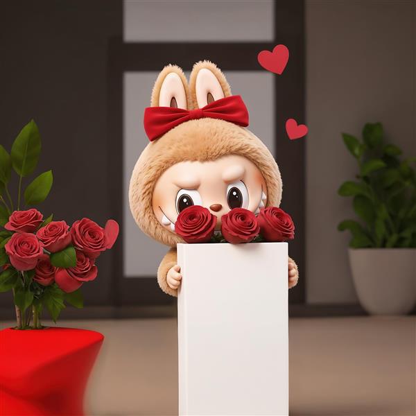 عکس عروسک لبوبو فانتزی عاشقانه با گل رز برای پوستر یا تابلو دکوراتیو