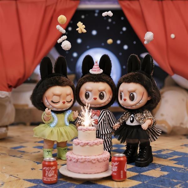 طرح عروسک‌های لبوبو فانتزی در جشن تولد با کیک و نوشابه برای پوستر
