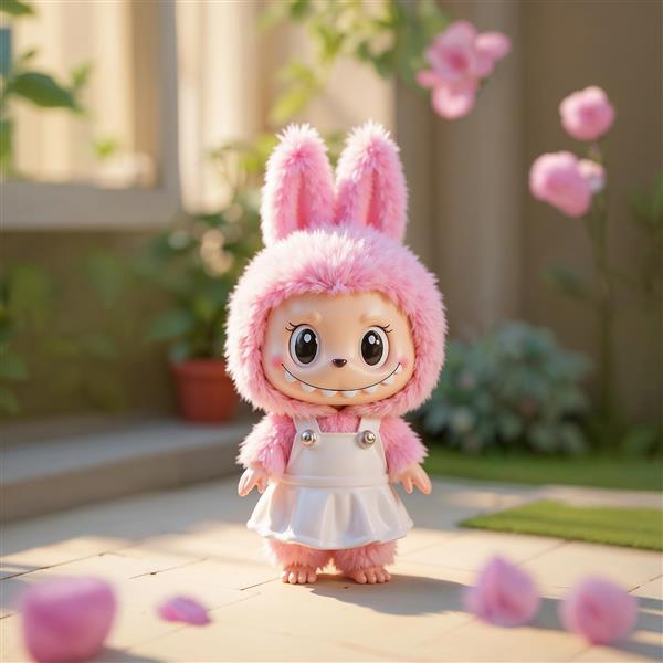 عکس عروسک لبوبو پشمالوی صورتی در حال بازی در باغ برای پوستر اتاق کودک