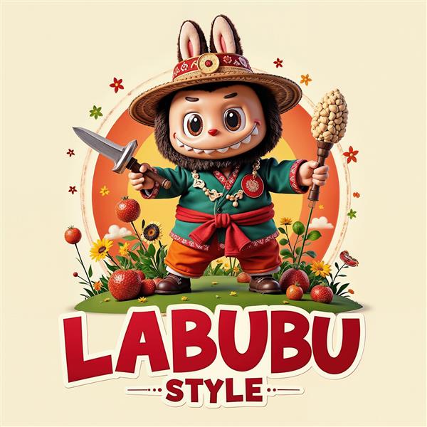 طرح عروسک لبوبو جنگجو کارتونی با لباس سنتی برای چاپ روی تیشرت و پوستر