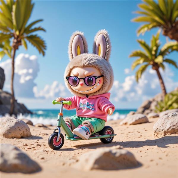 تصویر عروسک لبوبو کارتونی با اسکوتر در ساحل برای چاپ روی ماگ و کوسن