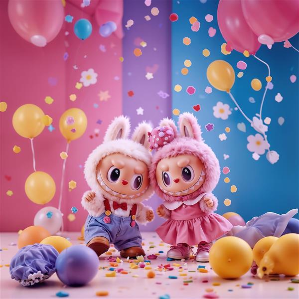 طرح عروسک‌های لبوبو فانتزی دختر و پسر در جشن تولد برای روتختی کودک