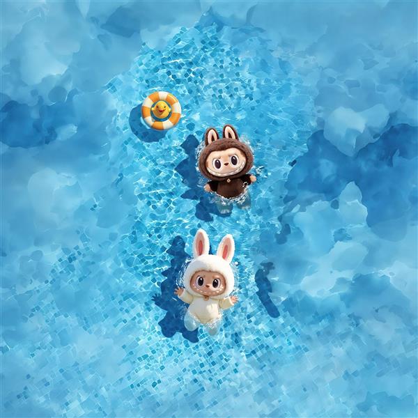 عکس عروسک‌های لبوبو آبرنگی در حال شنا در آب برای چاپ روی پرده و حوله استخر