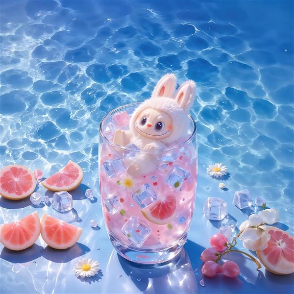 طرح بامزه لبوبو در لیوان کوکتل با تکه‌های گریپ‌فروت و یخ