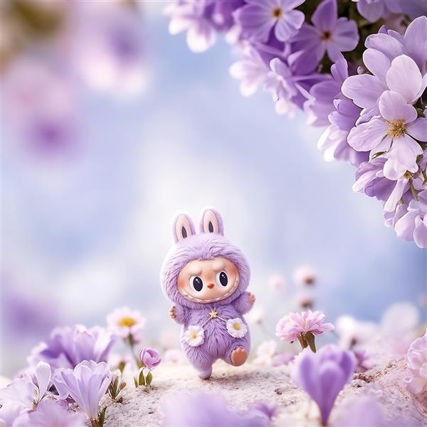 تصویر دکوراتیو لبوبو در مزرعه گل‌های بنفش با نور آسمان