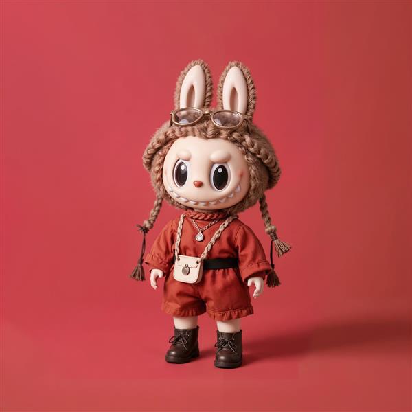 عکس دکوراتیو عروسک لبوبو با لباس آجری و عینک آفتابی برای تابلو