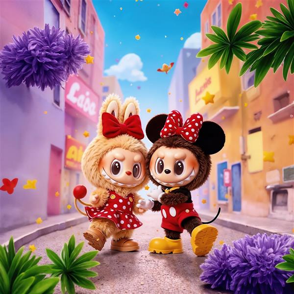 تصویر فانتزی دو عروسک لبوبو با تم میکی موس و مینی ماوس در شهر رنگی