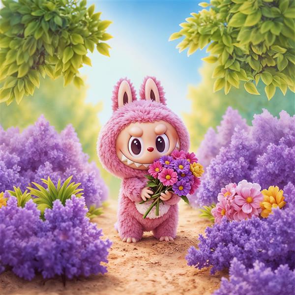 طرح فانتزی لبوبو با دسته‌گل در طبیعت برای پوستر دیواری باکیفیت