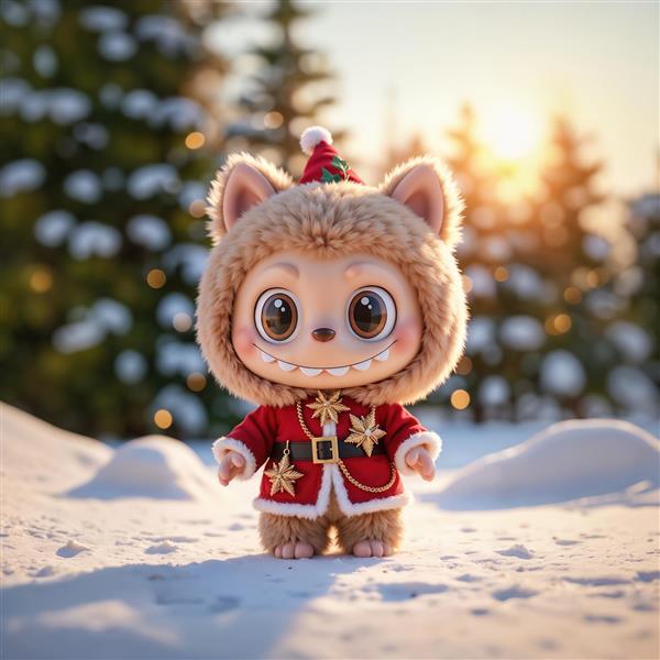 تصویر دکوراتیو شخصیت لبوبو با لباس بابانوئل در برف برای کریسمس