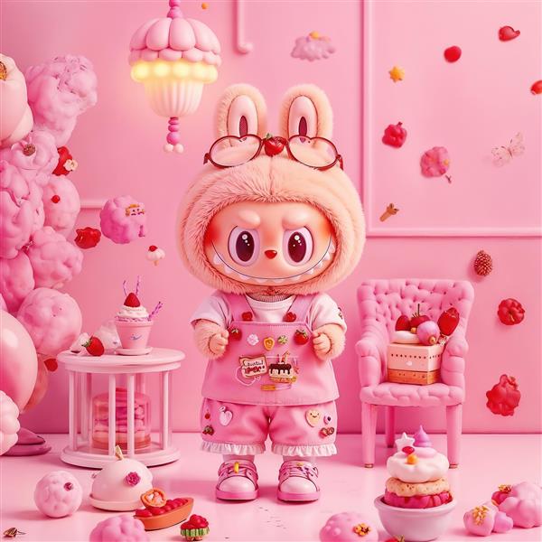 عکس عروسک لبوبو فانتزی در اتاق صورتی با دکور شیرینی‌جات